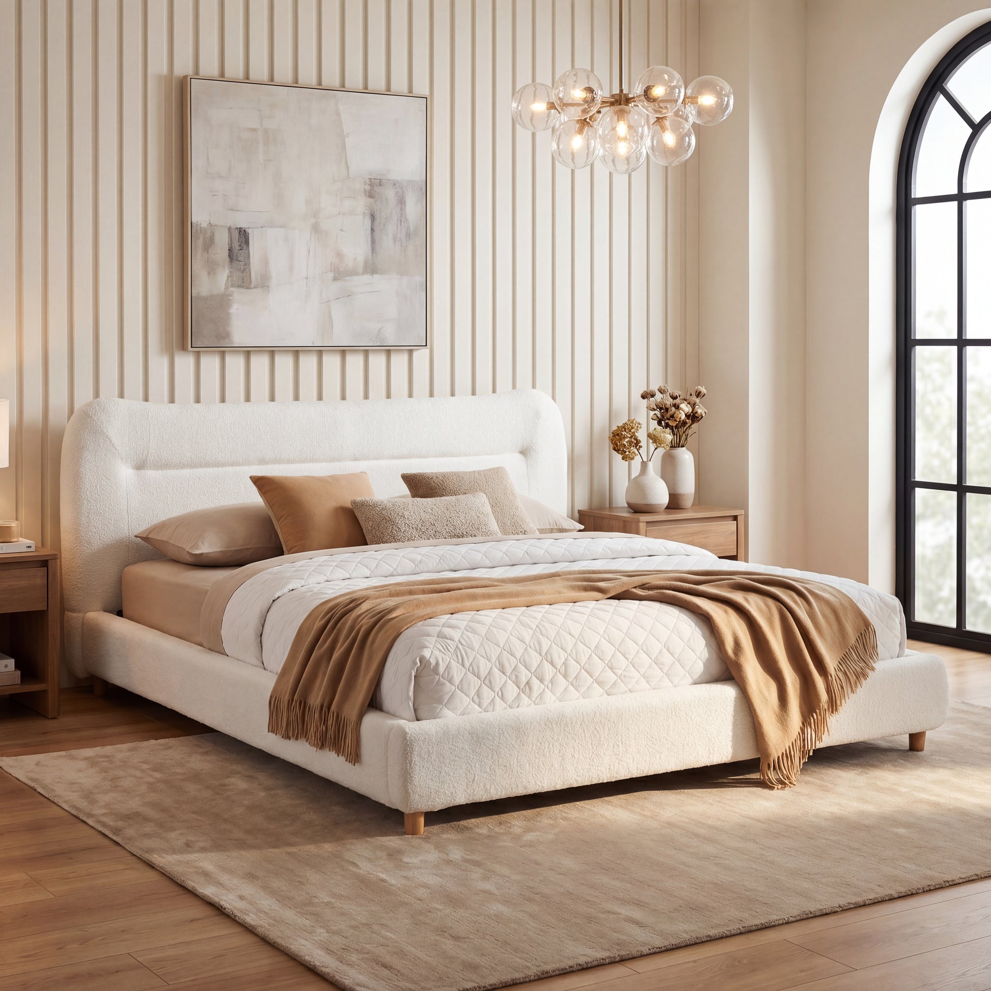 Minimalist curved headboard teddy bear plush bed, King, Cream