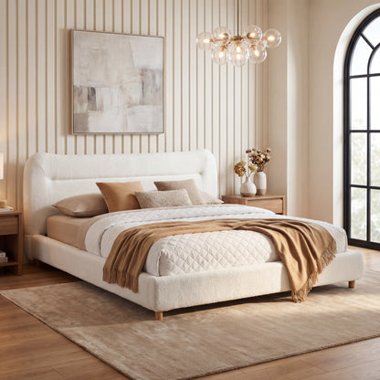 Minimalist curved headboard teddy bear plush bed, King, Cream