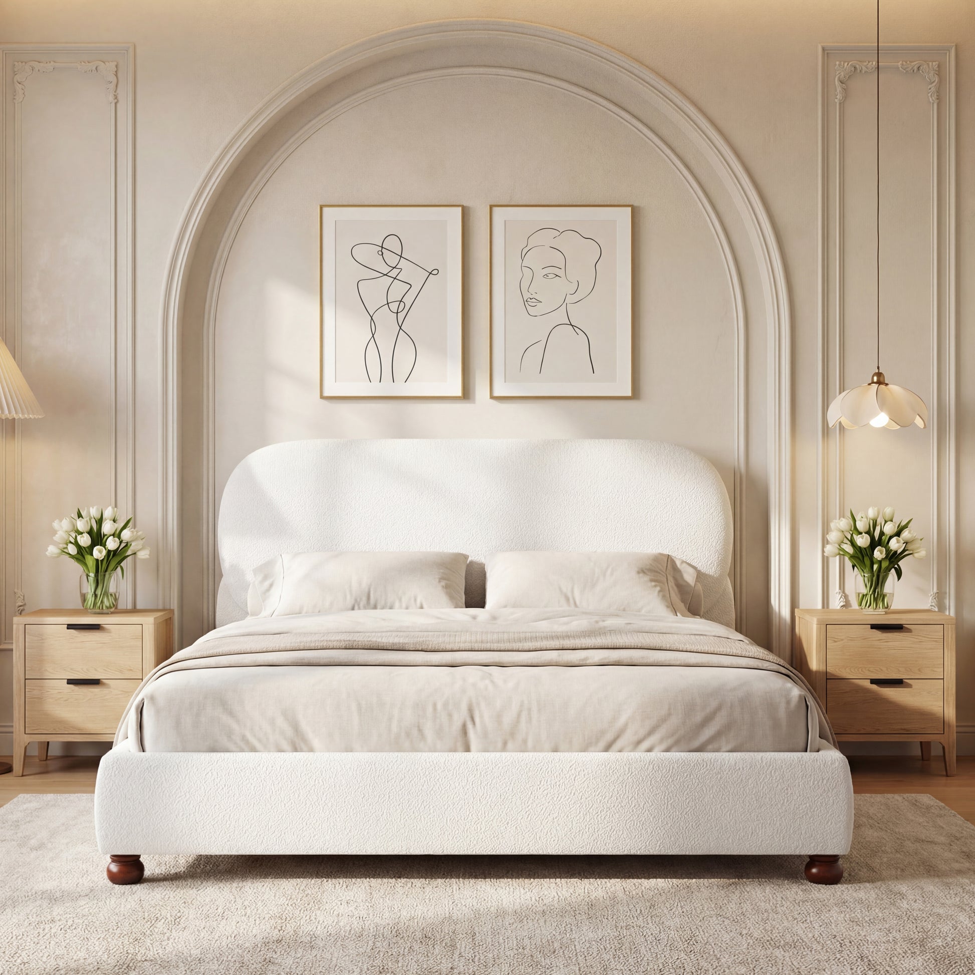 Queen Size White Boucle Upholstered Bed Frame