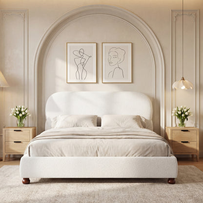 Queen Size White Boucle Upholstered Bed Frame