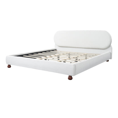 Queen Size White Boucle Upholstered Bed Frame