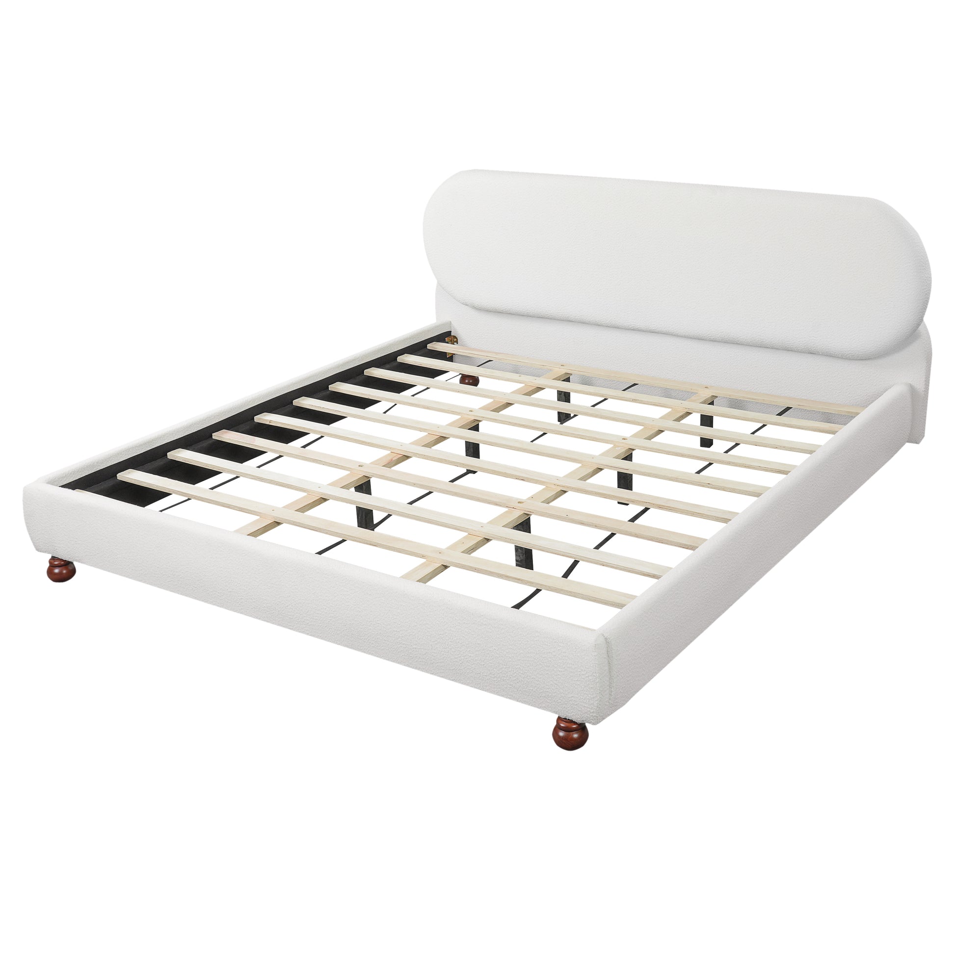 Queen Size White Boucle Upholstered Bed Frame