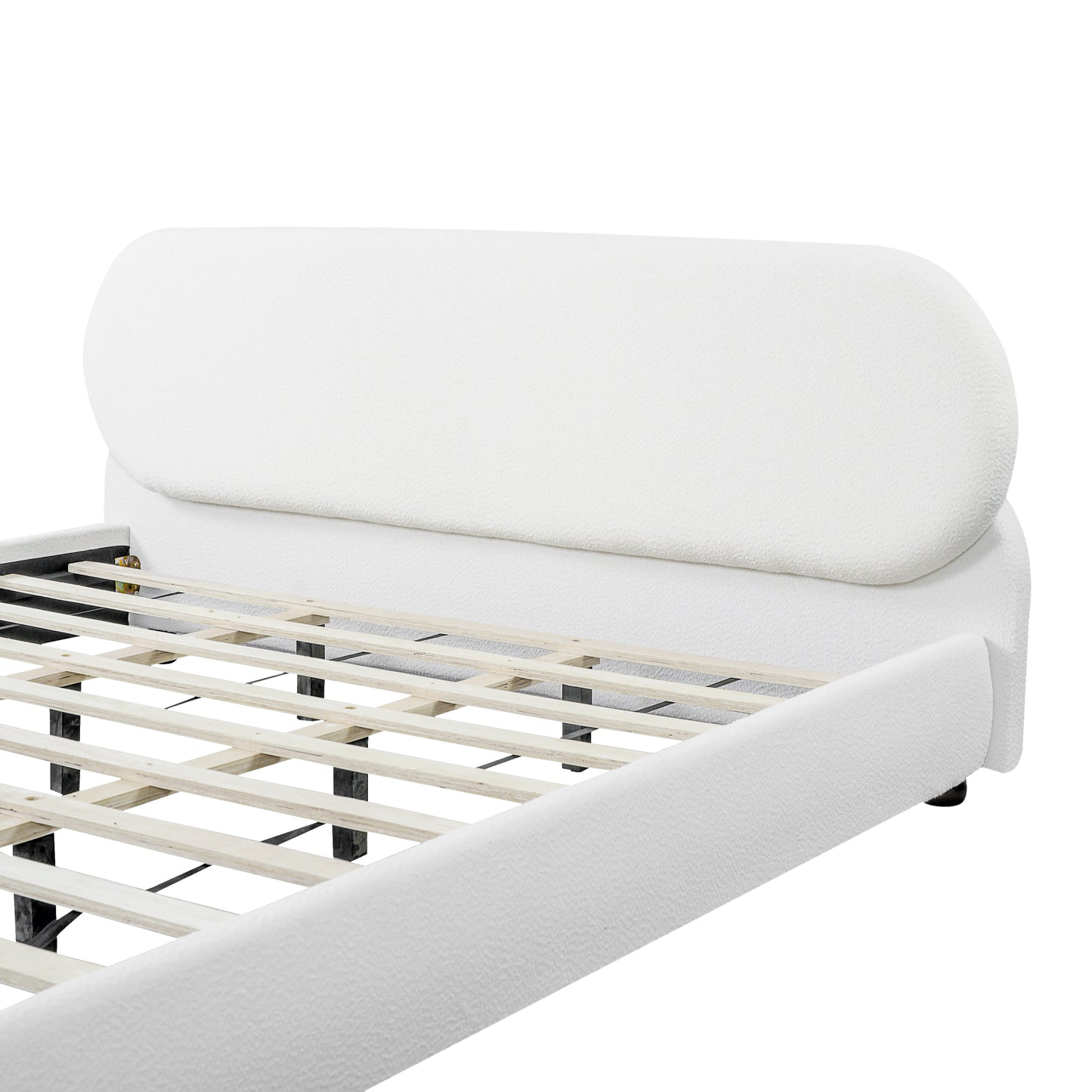 Queen Size White Boucle Upholstered Bed Frame