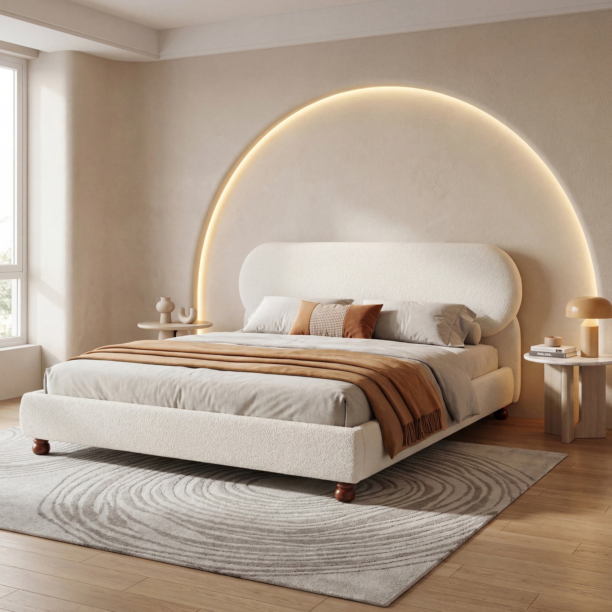 Cream-colored Boucle Upholstered Bed with Rubber Wood Foot ,King