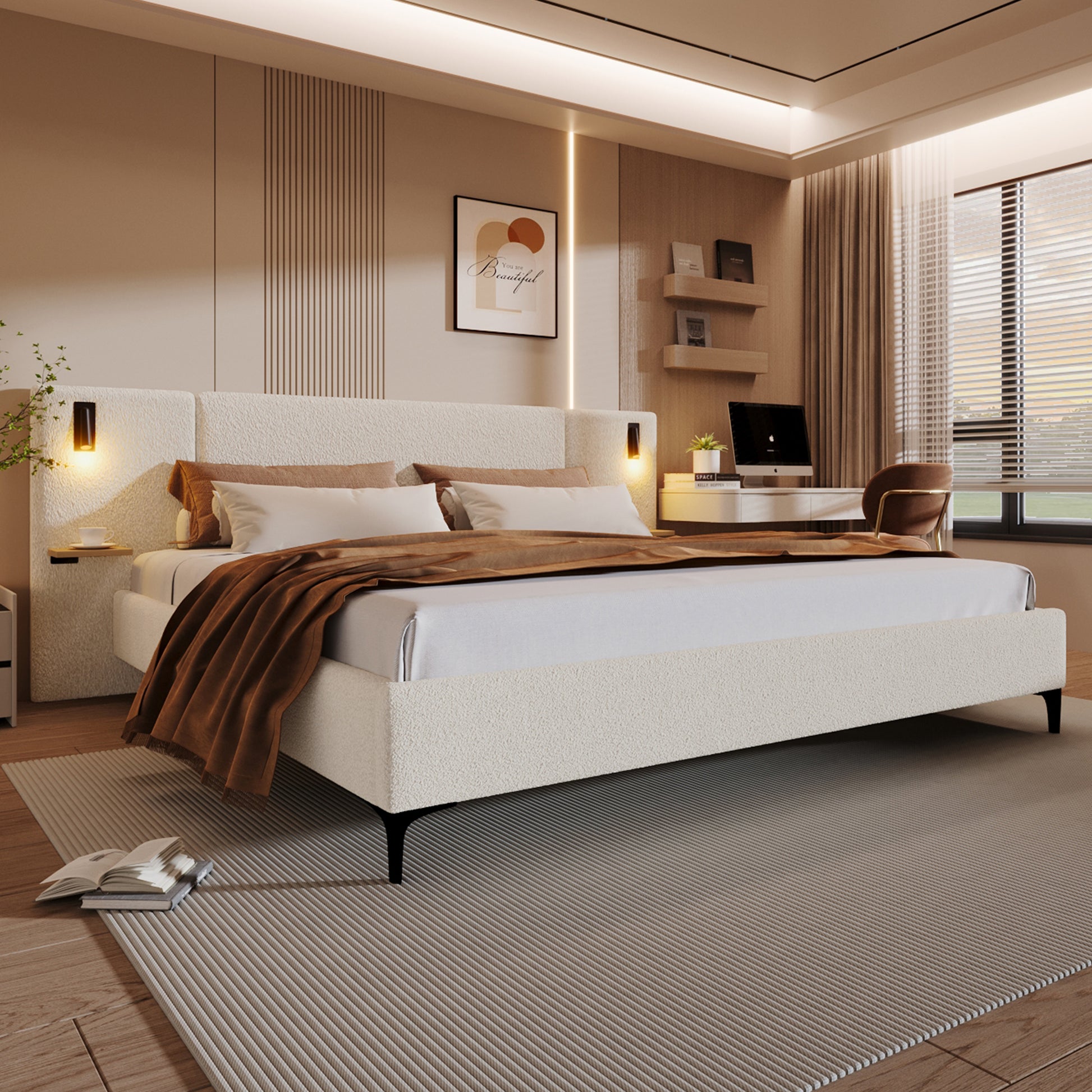 King Size White Boucle Upholstered Bed Frame
