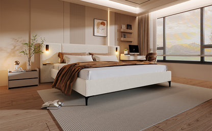 King Size White Boucle Upholstered Bed Frame
