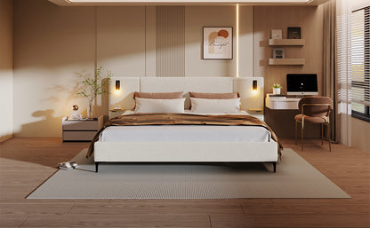 King Size White Boucle Upholstered Bed Frame