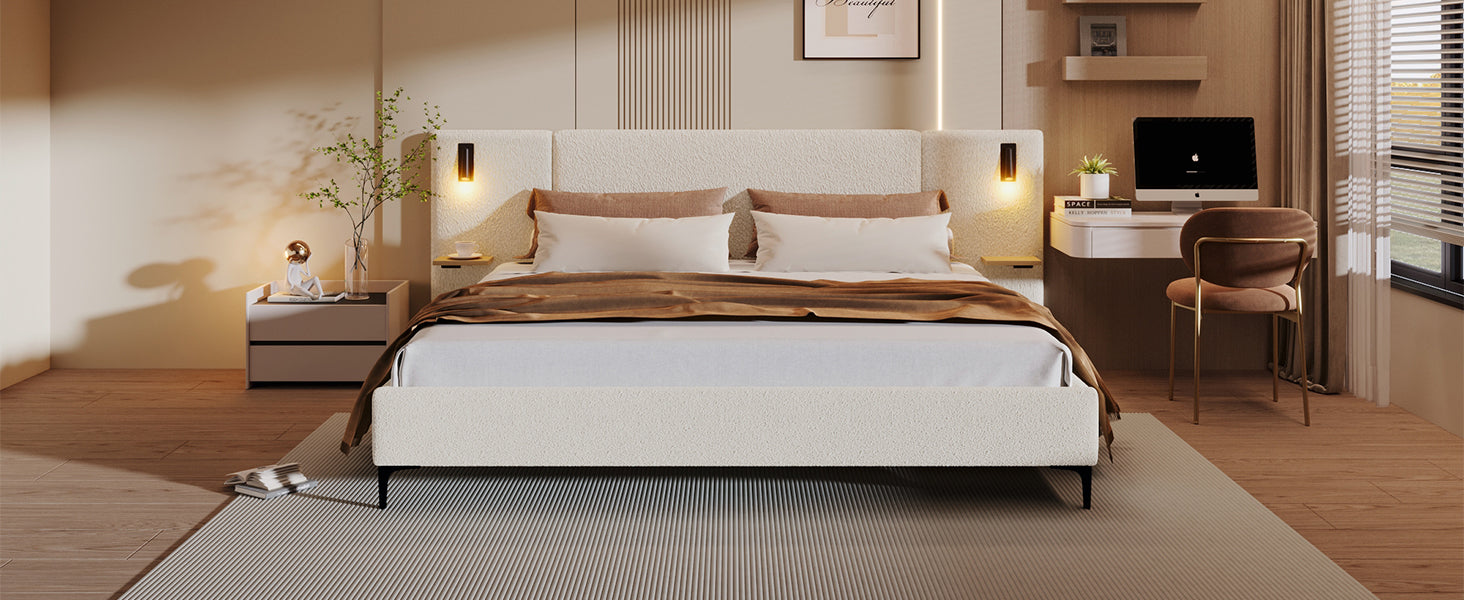 King Size White Boucle Upholstered Bed Frame