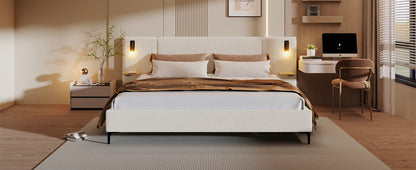 King Size White Boucle Upholstered Bed Frame
