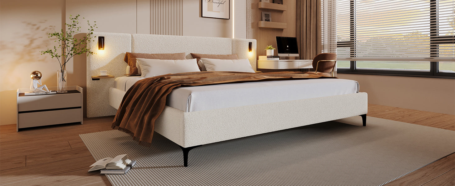 King Size White Boucle Upholstered Bed Frame