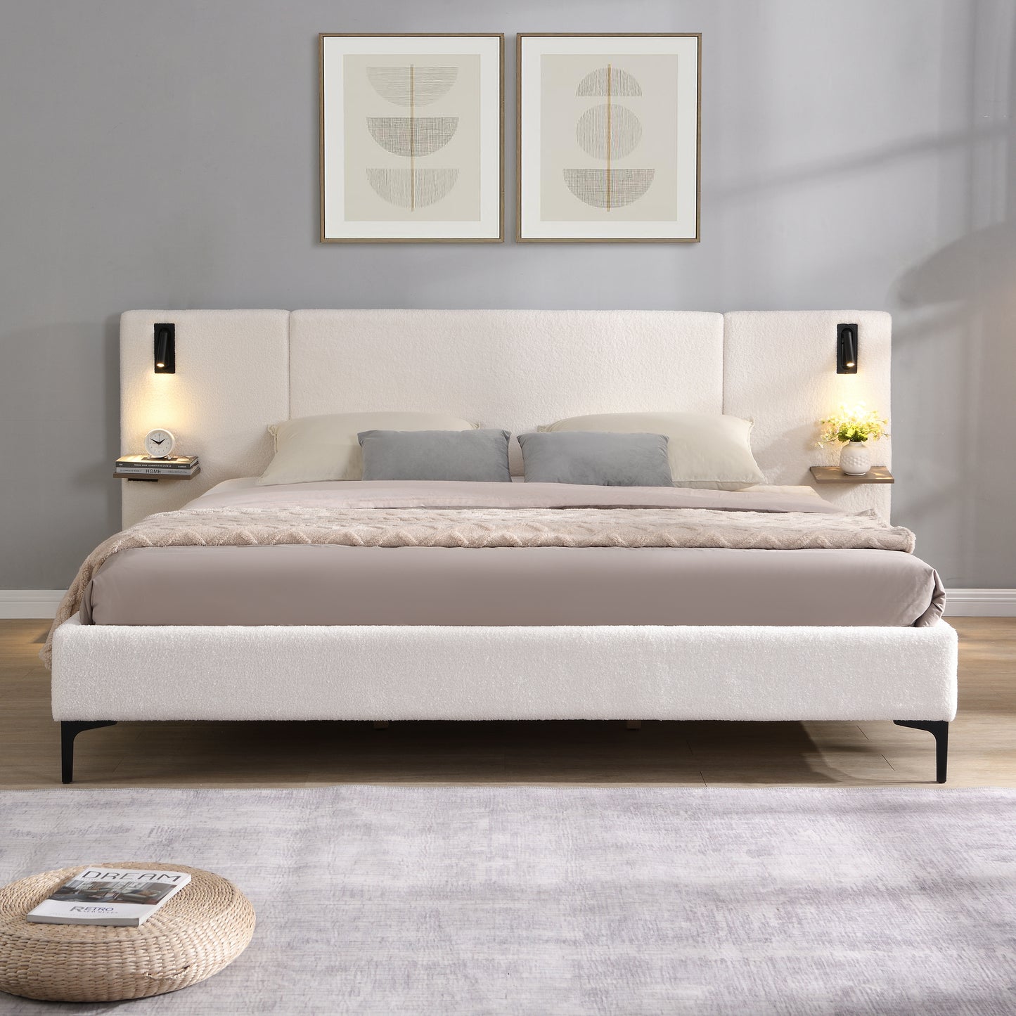 King Size White Boucle Upholstered Bed Frame