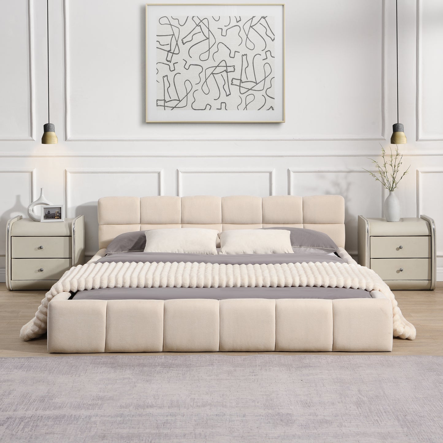 Elegant Beige Chenille Upholstered Bed with Checkerboard Design, Queen, Beige