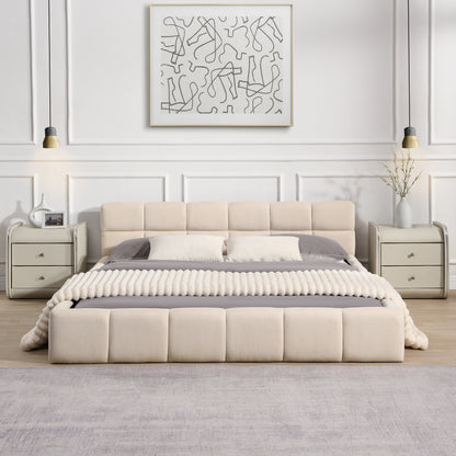 Elegant Beige Chenille Upholstered Bed with Checkerboard Design, Queen, Beige