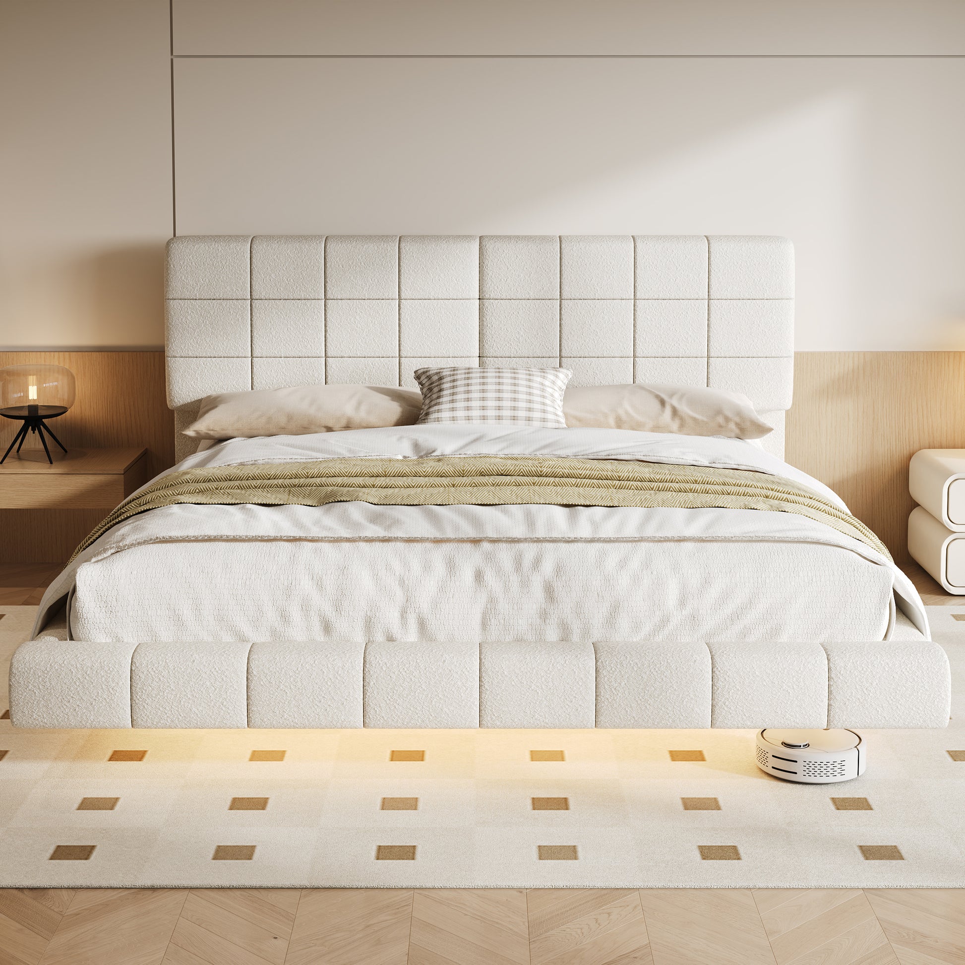 White Boucle King Bed Frame - Floating Design