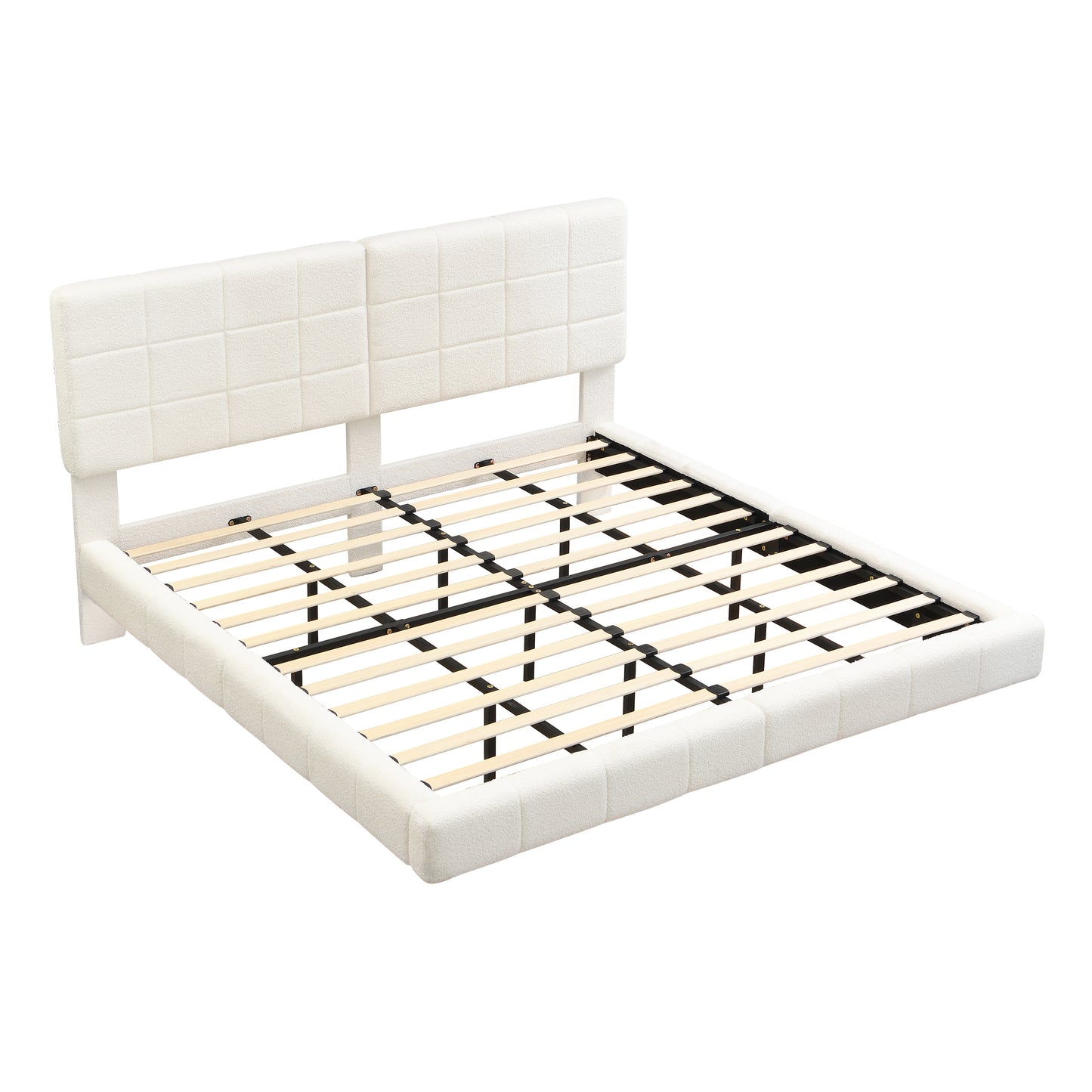 White Boucle King Bed Frame - Floating Design