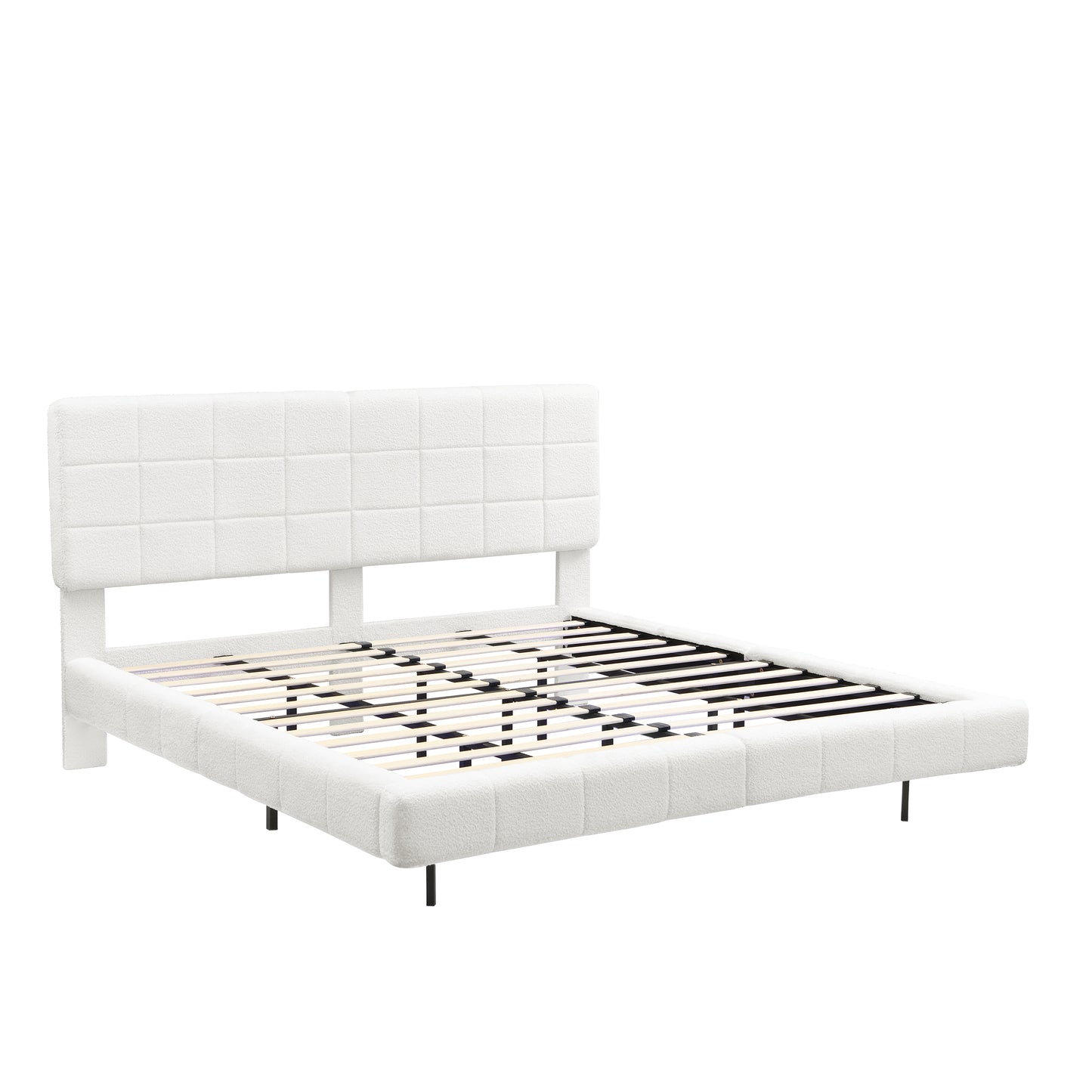 White Boucle King Bed Frame - Floating Design