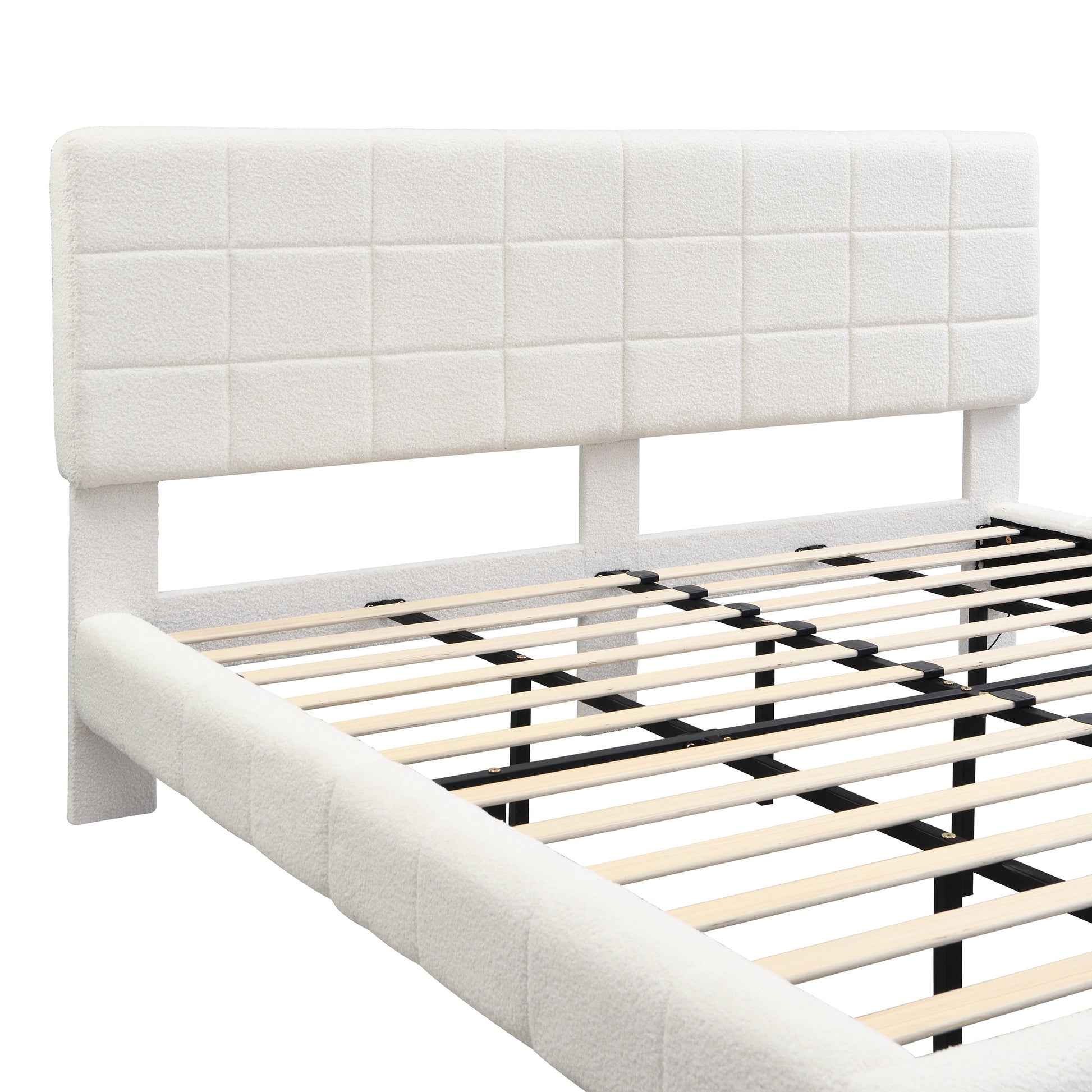White Boucle King Bed Frame - Floating Design