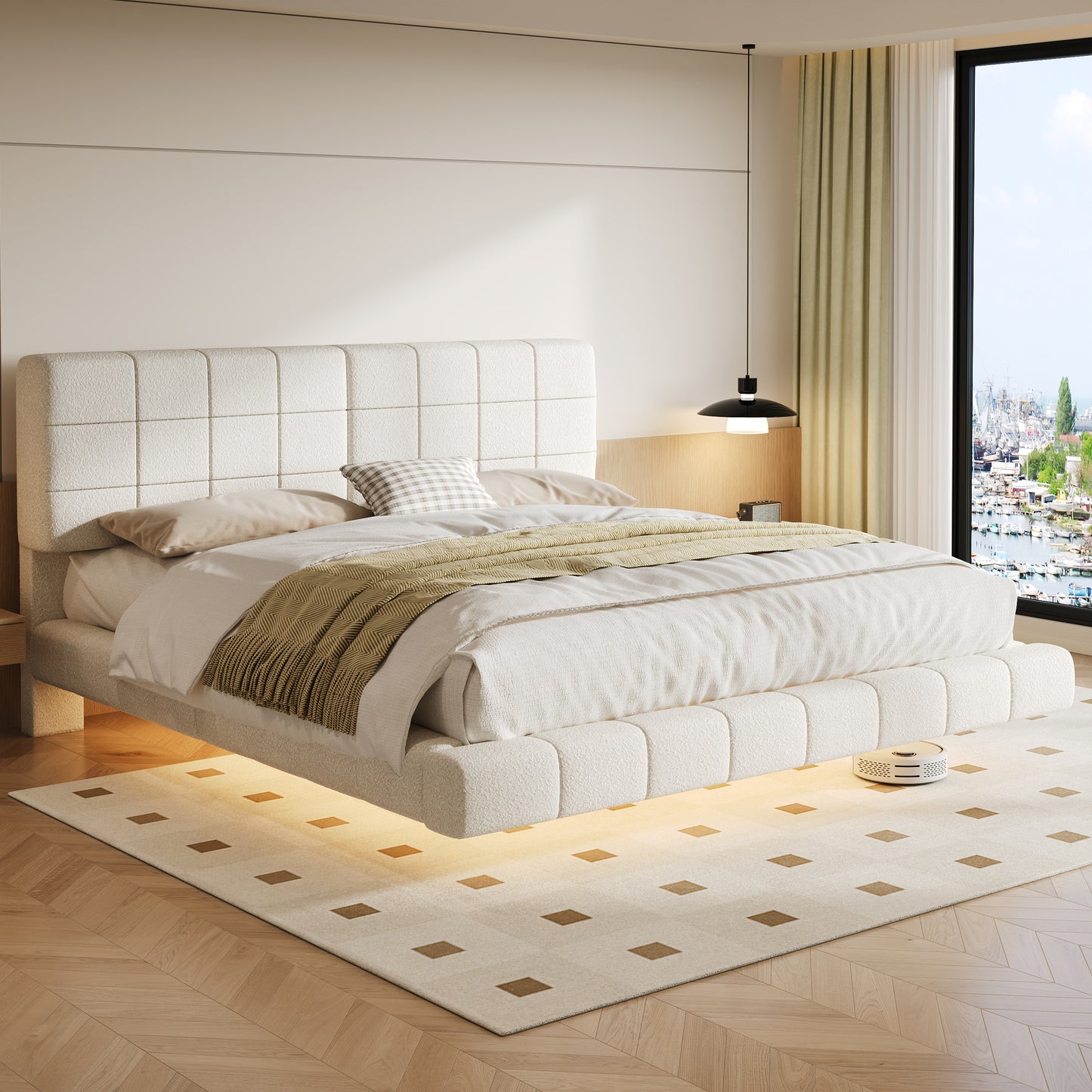 White  Boucle Floating Bed with Light,King