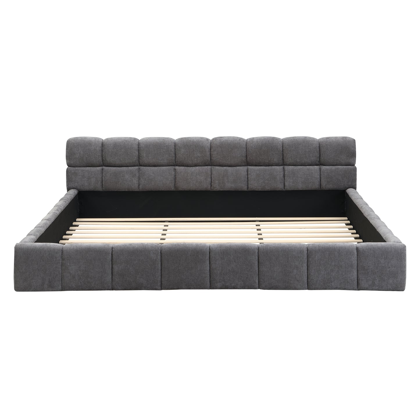 King Size Gray Chenille Upholstered Bed - Checkerboard Design