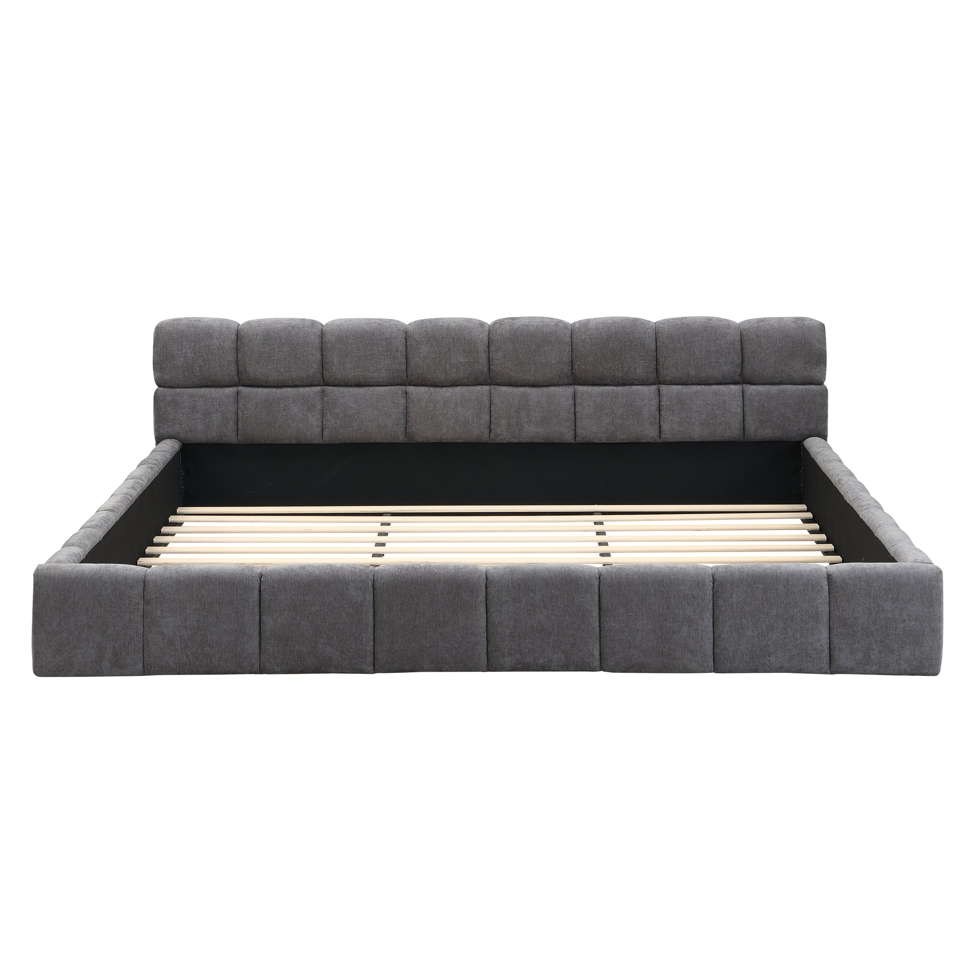 King Size Gray Chenille Upholstered Bed - Checkerboard Design