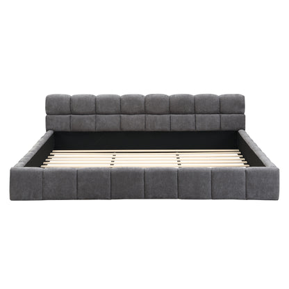 King Size Gray Chenille Upholstered Bed - Checkerboard Design