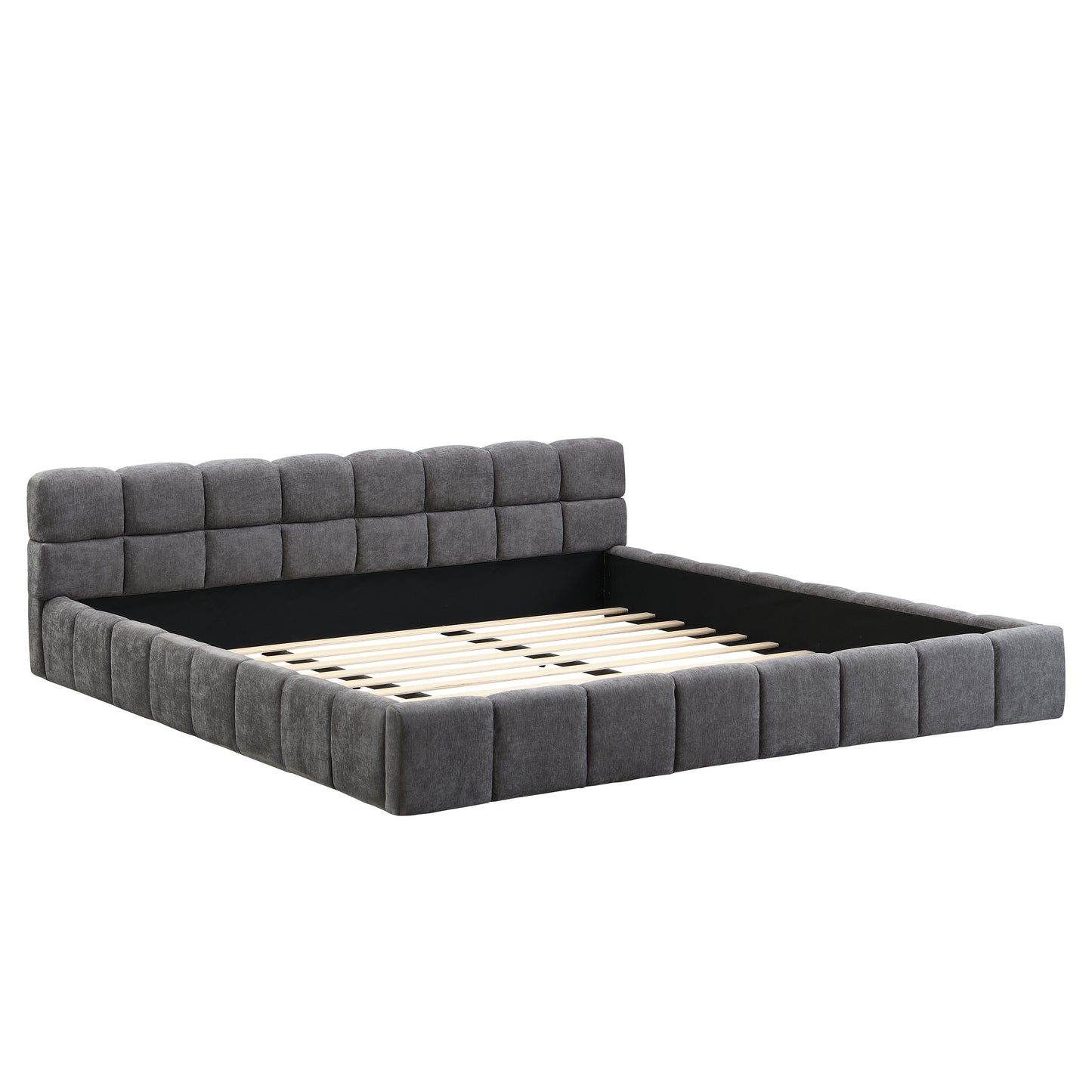 King Size Gray Chenille Upholstered Bed - Checkerboard Design
