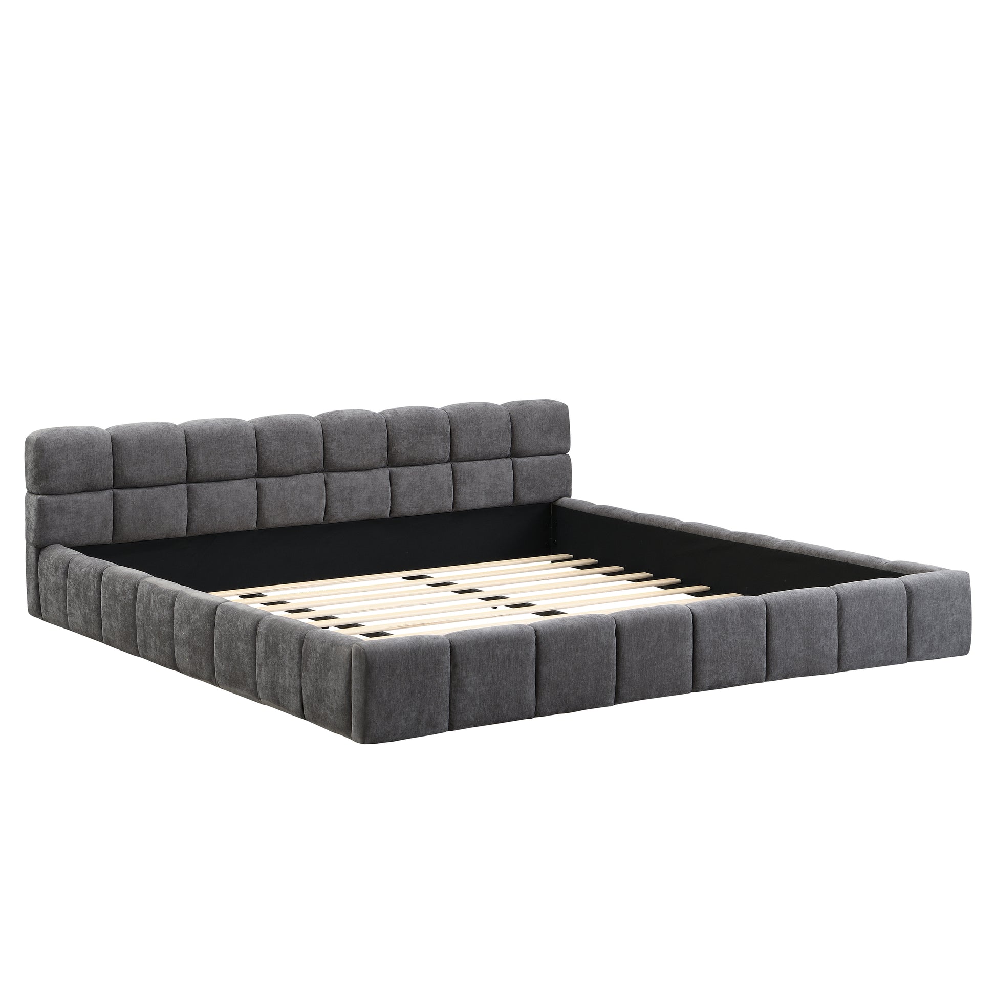 King Size Gray Chenille Upholstered Bed - Checkerboard Design
