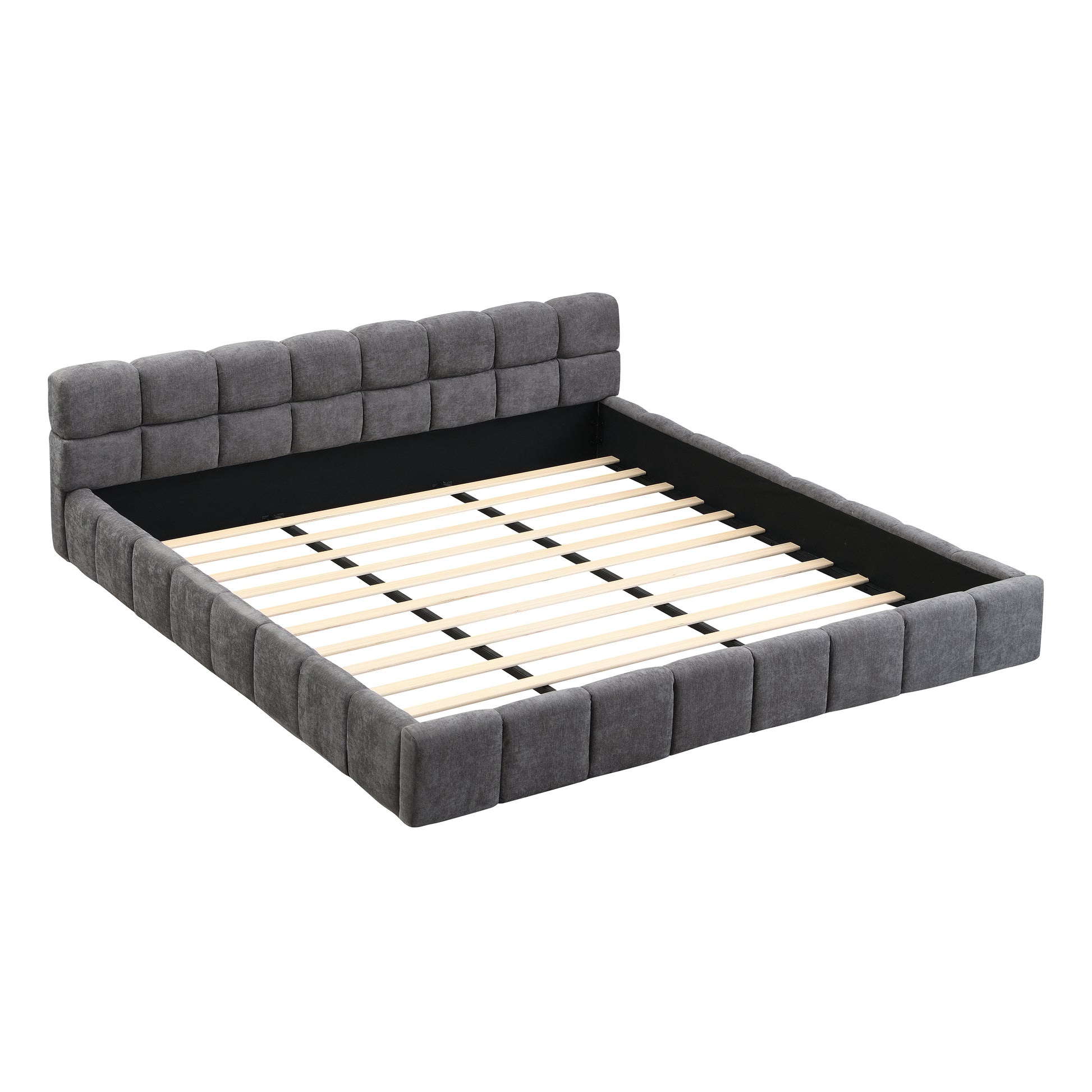 King Size Gray Chenille Upholstered Bed - Checkerboard Design