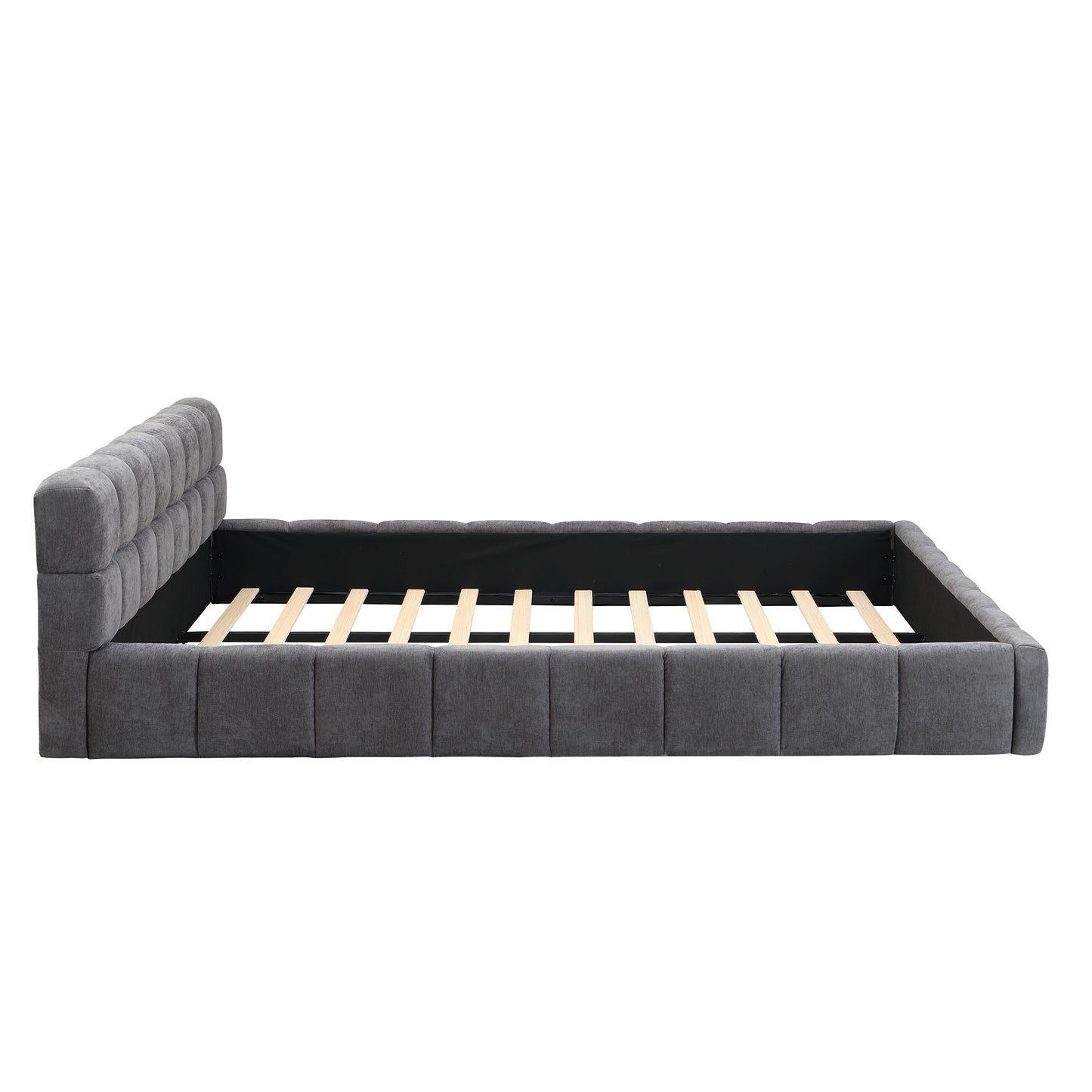 King Size Gray Chenille Upholstered Bed - Checkerboard Design