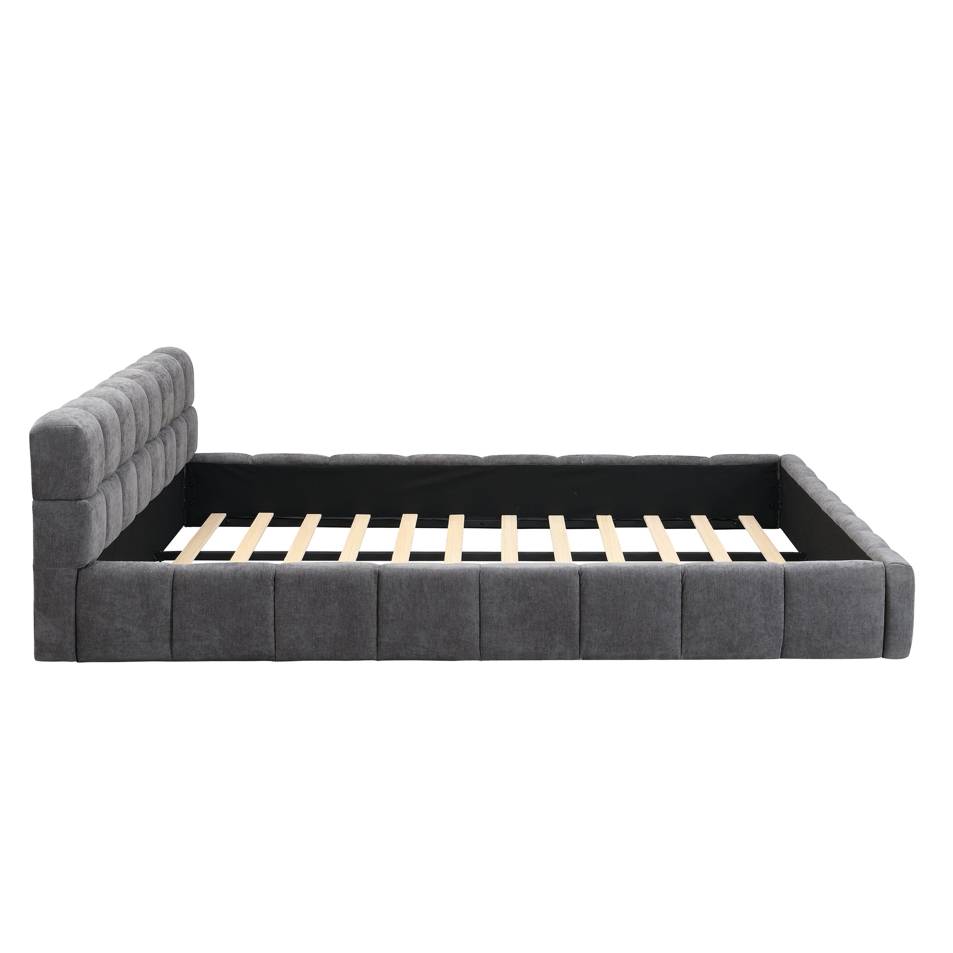 King Size Gray Chenille Upholstered Bed - Checkerboard Design
