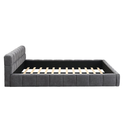 King Size Gray Chenille Upholstered Bed - Checkerboard Design