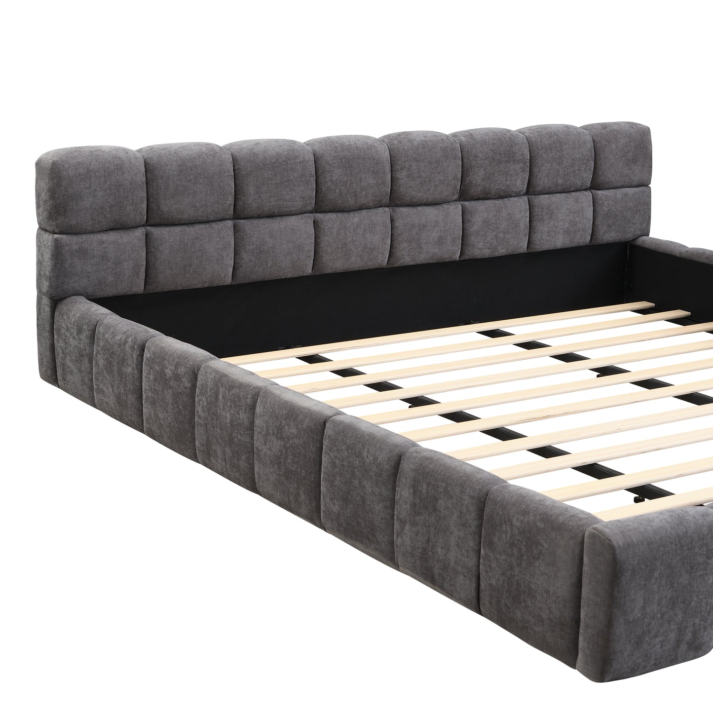King Size Gray Chenille Upholstered Bed - Checkerboard Design