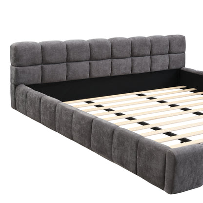 King Size Gray Chenille Upholstered Bed - Checkerboard Design