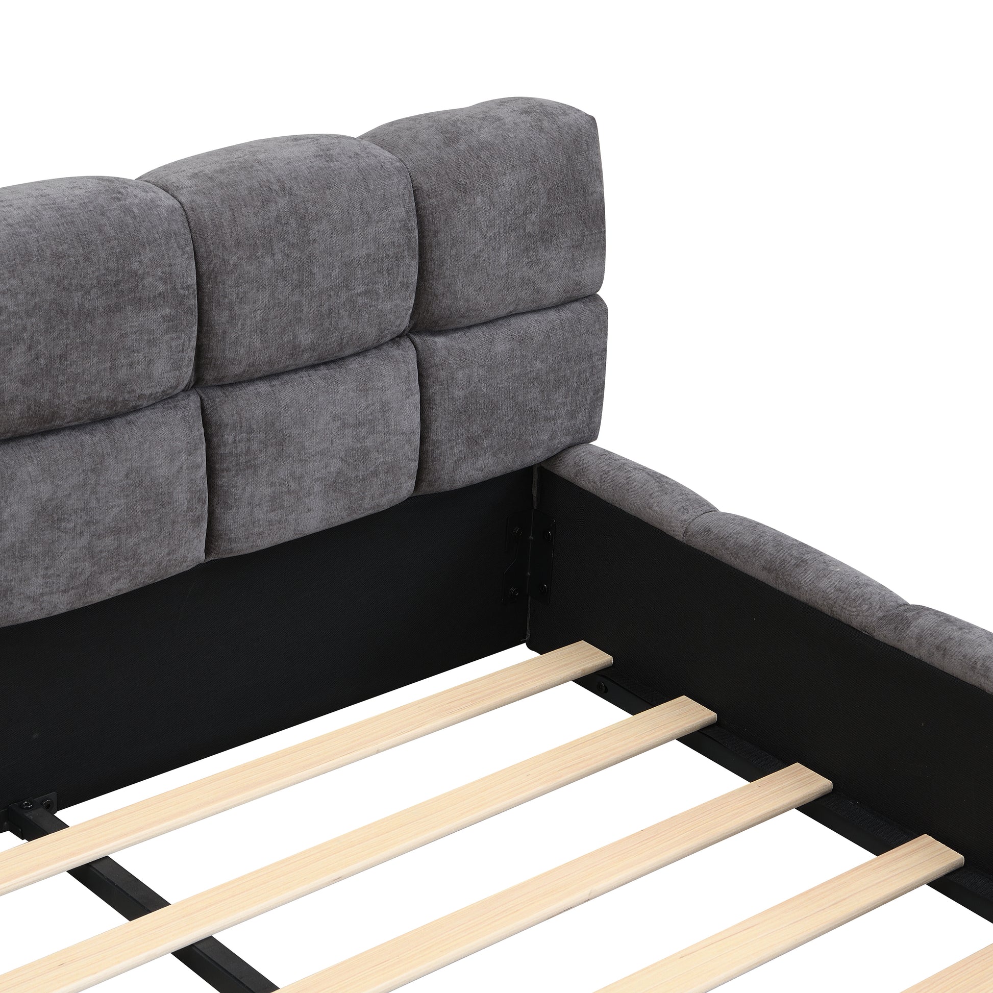 King Size Gray Chenille Upholstered Bed - Checkerboard Design