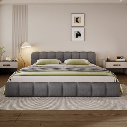 Elegant Beige Chenille Upholstered Bed with Checkerboard Design, King, Grey