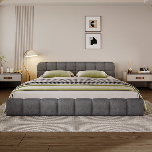 Elegant Beige Chenille Upholstered Bed with Checkerboard Design, King, Grey