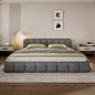 Elegant Beige Chenille Upholstered Bed with Checkerboard Design, King, Grey