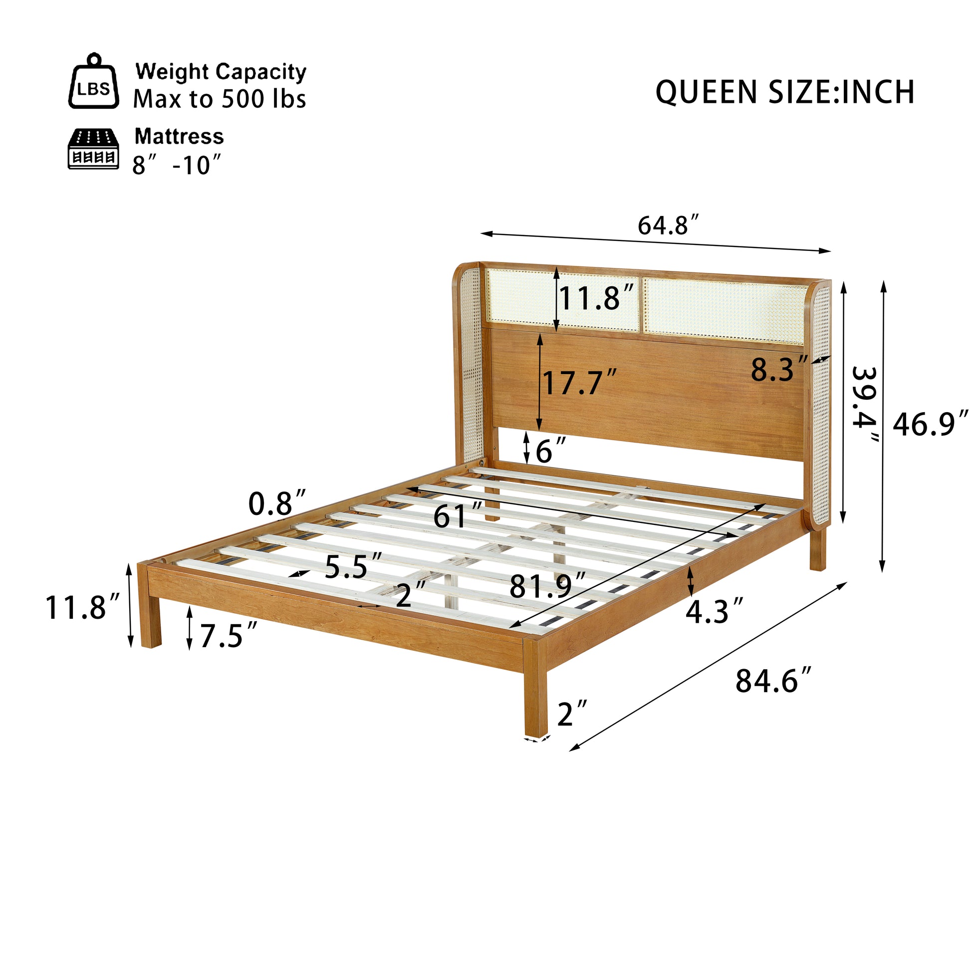 Queen Rubber Wood Platform Bed Frame - Natural Color