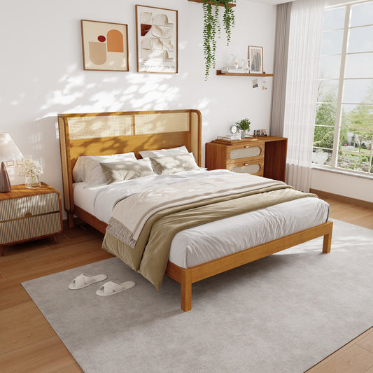Premium Rubber Wood Platform Bed Frame, Queen Bed Frame with Headboard Included, Mid Century Modern Bed With Natural Color