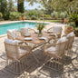 Outdoor 7-Piece Dining Set - Rectangular Teak Wood Table + 6 Wicker Chairs with Cushions, Beige Steel Frame, Teak Finish, Perfect for Patio, Deck, or Garden
