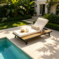 Black Iron + Teak Finish Outdoor Chaise Lounge Set with Beige Cushion, 400 lbs Capacity, 4" Thick 4-Fold Water-Resistant Cushion with Headrest, Adjustable Backrest with Flat Storage Surface for Patio