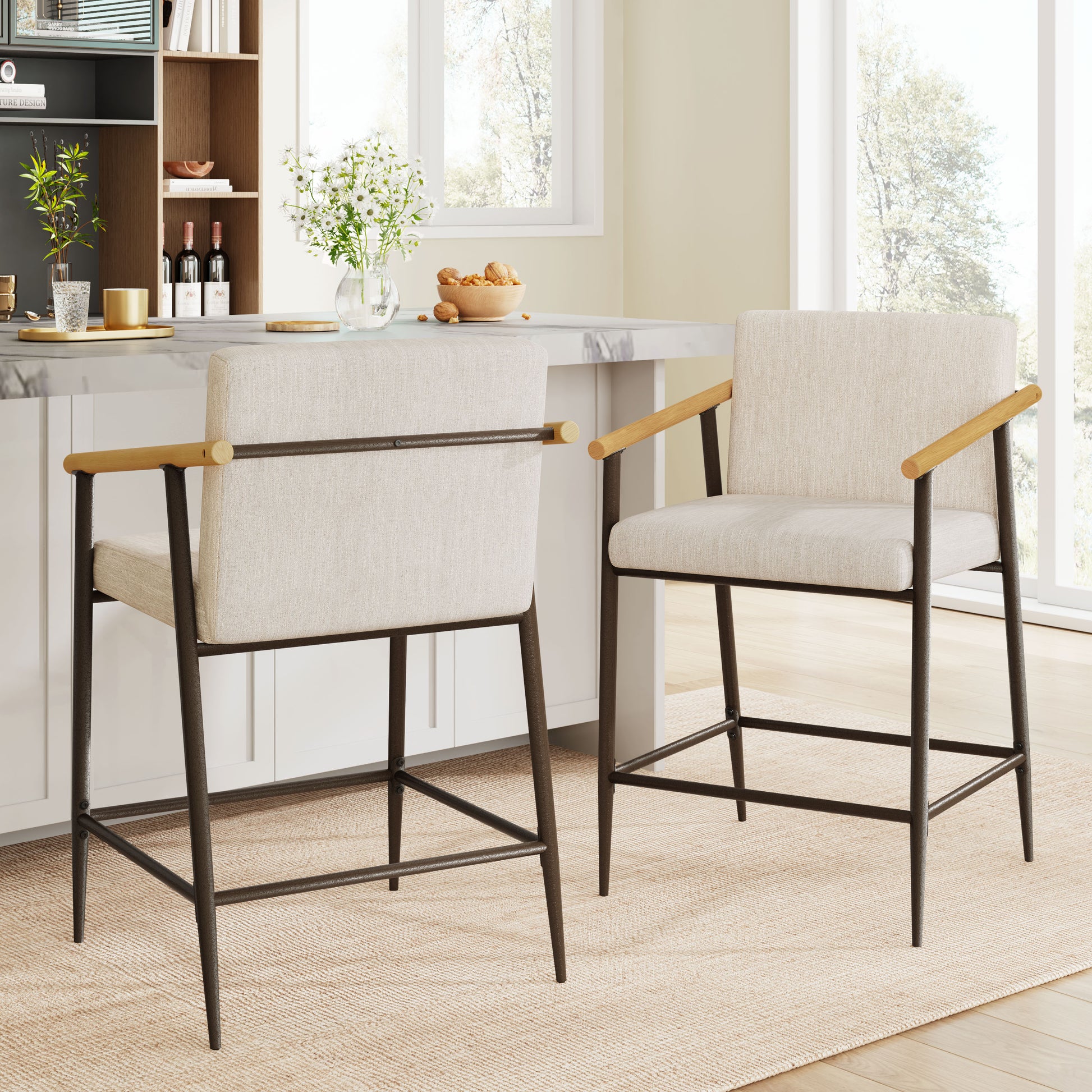 Counter Stool with iron frame-Set of 2-Espresso+Beige