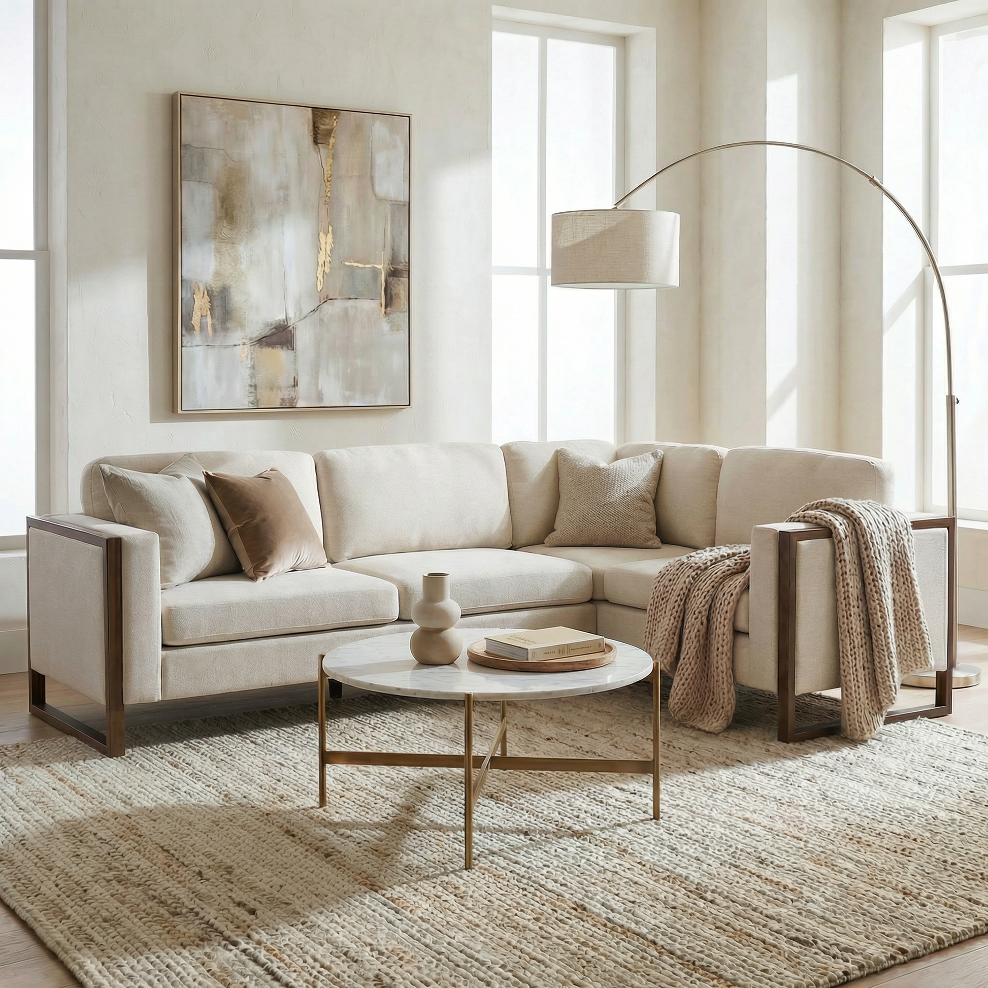 Otis 2-Piece L Shaped Sectional Sofa Beige Wood Fabric for Living Room