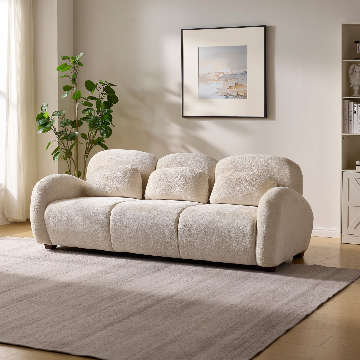 3 Seat Beige Boucle Fabric Sofa with Wooden Frame for Living Room