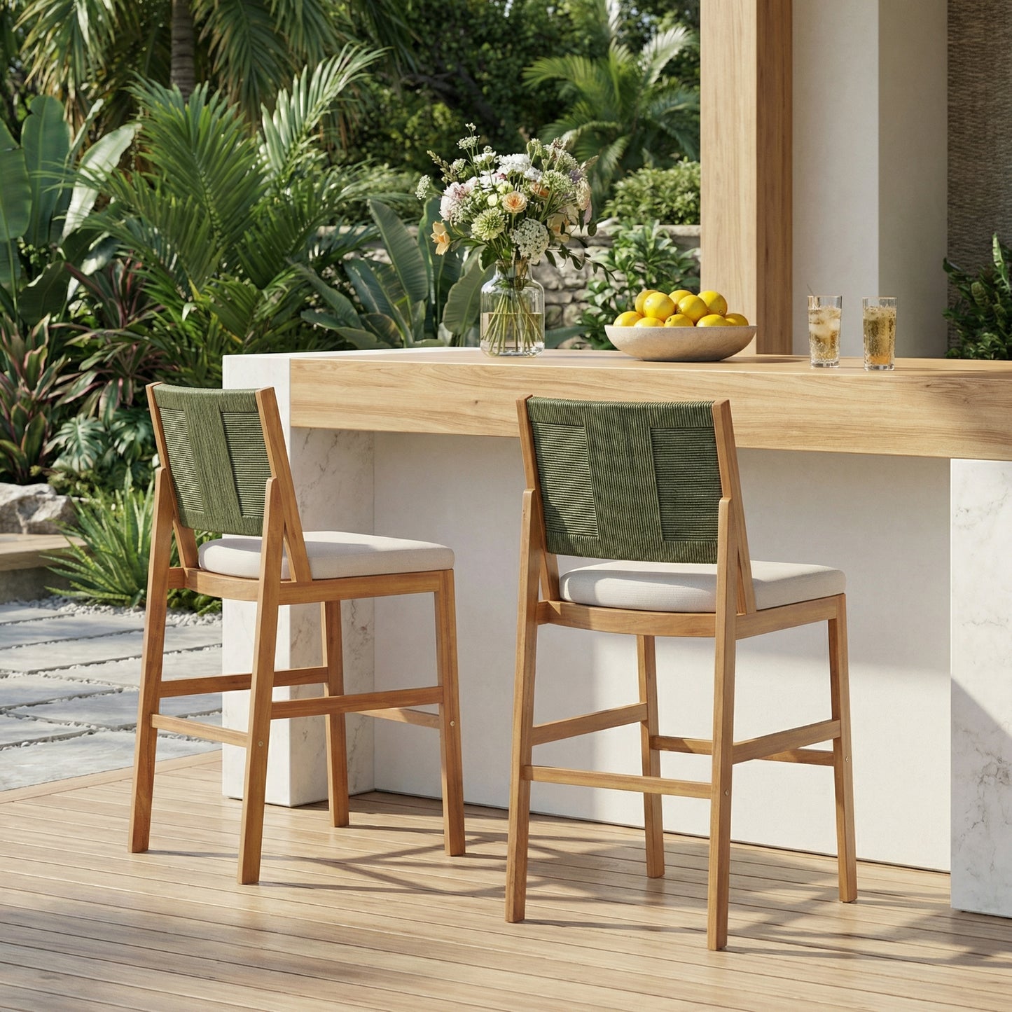 Outdoor Acacia Wood Bar Stools (Set of 2), Teak Finish Bar Height Chairs with Cream