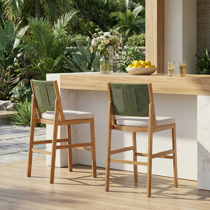 Outdoor Acacia Wood Bar Stools (Set of 2), Teak Finish Bar Height Chairs with Cream