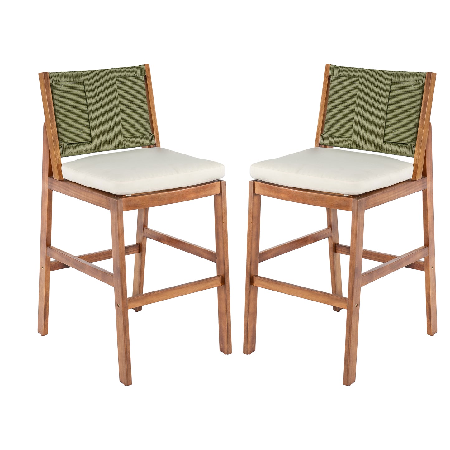 Outdoor Acacia Wood Bar Stools (Set of 2), Teak Finish Bar Height Chairs with Cream