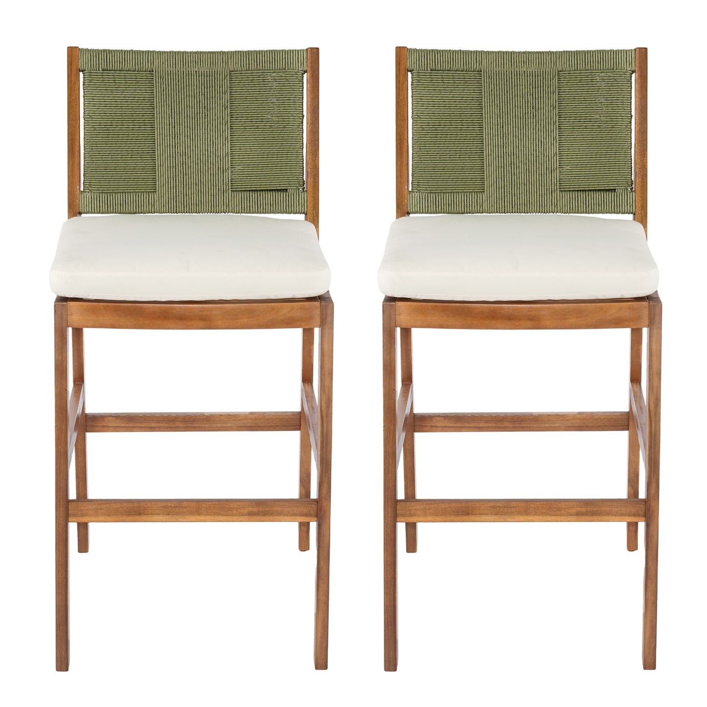 Outdoor Acacia Wood Bar Stools (Set of 2), Teak Finish Bar Height Chairs with Cream
