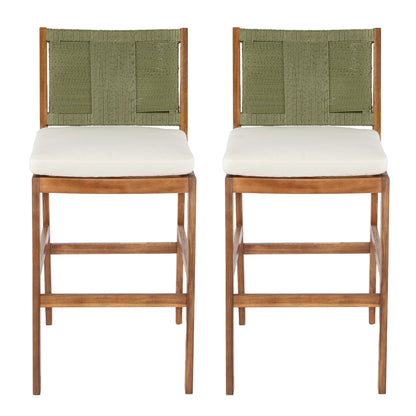 Outdoor Acacia Wood Bar Stools (Set of 2), Teak Finish Bar Height Chairs with Cream