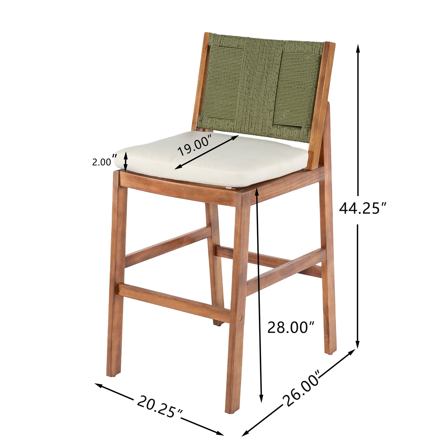 Outdoor Acacia Wood Bar Stools (Set of 2), Teak Finish Bar Height Chairs with Cream